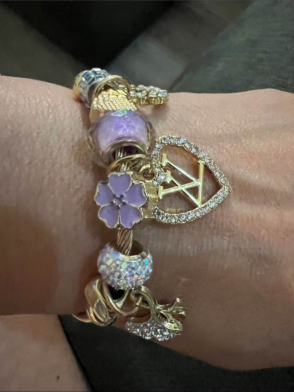 Gold-Tone Purple Enamel Floral Charm Bracelet - Brand: